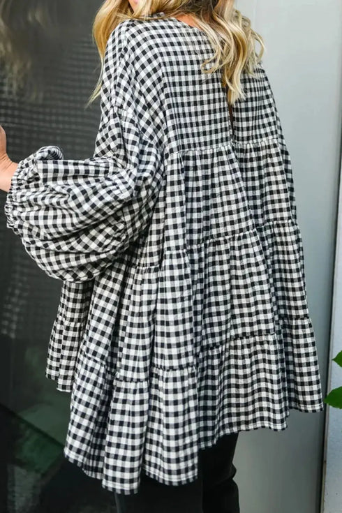 'Vaila' Oversize Long Sleeve Gingham Blouse - Celes Fashion